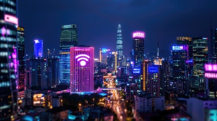 Vibrant City Skyline at Night with Colorful Neon Lights and Buildings
