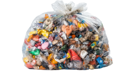 Plastic waste collection in a transparent bag at a recycling facility showcasing efforts to reduce environmental impact