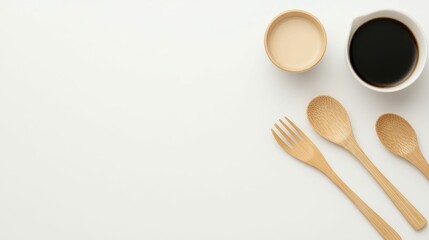Minimalist kitchen utensils with sauces on white background for culinary design