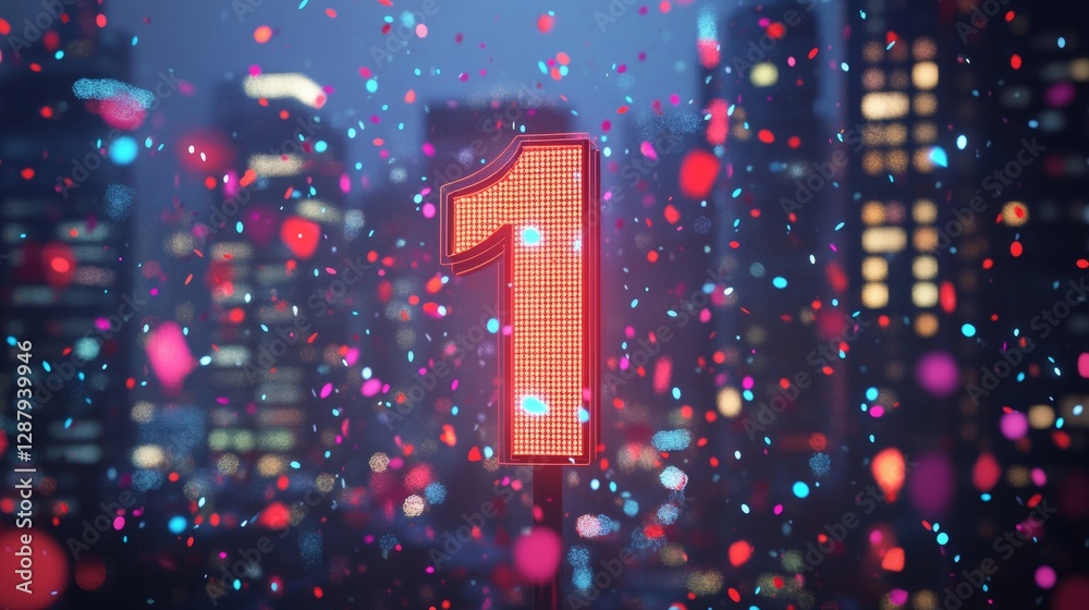 Poster red illuminated number one with colorful confetti in front of city skyline at night. celebratory and