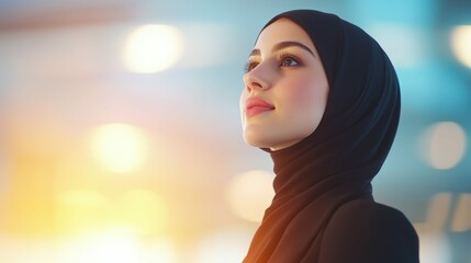 Confident woman in hijab with sun flare and bokeh for empowerment theme design