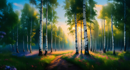 Obraz premium A serene birch forest path bathed in soft sunlight. Tall trees line the walkway, casting gentle shadows on the ground, creating a peaceful natural scene.