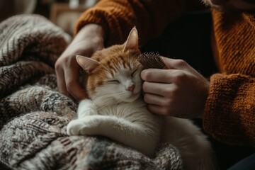 A man brushes his cat with a soft grooming brush, The cat purrs while sitting on a cozy blanket, Generative AI