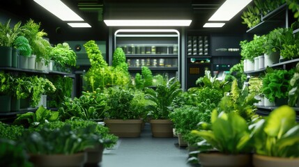 Fototapeta premium Lush Indoor Garden with Vibrant Green Plants and Fresh Vegetation