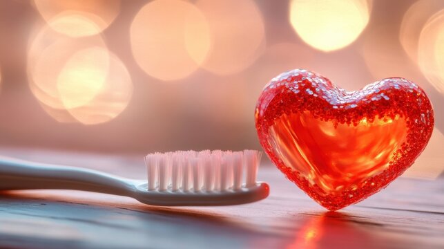 Toothbrush with glittering red gel toothpaste shaped like a heart under soft lighting.