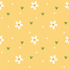 Cute floral print. Hand drawn seamless pattern with cute flowers and hearts.