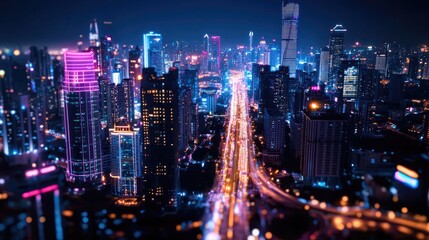 Obraz premium Vibrant Cityscape at Night with Neon Lights and Busy Roads