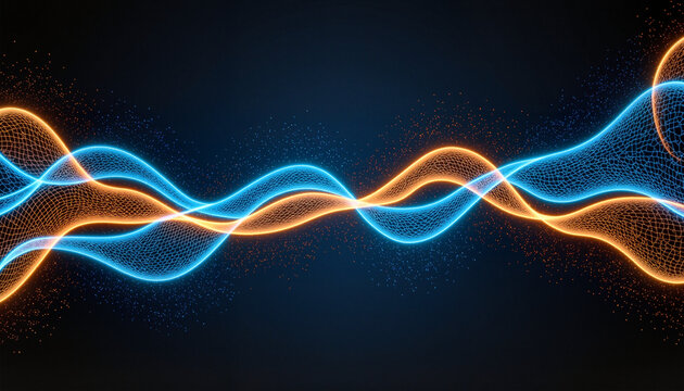Glowing AI algorithm visualized as neon-blue and gold dynamic data streams in dark background