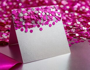 A festive pink invitation card adorned with vibrant confetti atop a shimmering surface.