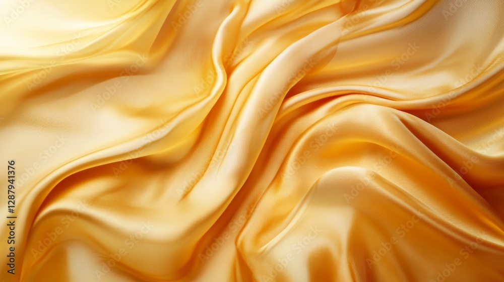 Poster golden yellow silk fabric with smooth waves and soft texture illuminated by gentle light. luxury tex