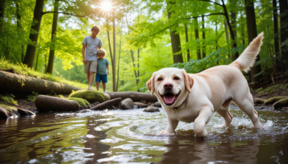 Fototapeta premium Happy Labrador retriever splashing in a stream with children playing in nature