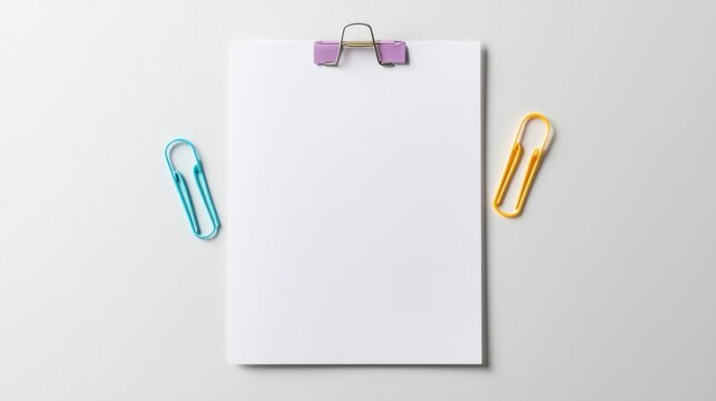 Colorful paper clips and blank notepad on white background, ideal for office or school projects.