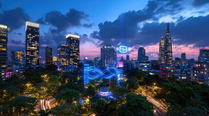 Obraz premium Evening Cityscape with Bright Neon Lights and Stunning Twilight Sky