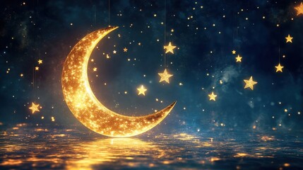 Naklejka premium Glimmering Crescent Moon And Sparkling Stars Adorn The Night Sky