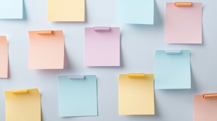 Fototapeta premium Colorful sticky notes arranged neatly on a wall, creating an organized display for reminders and creativity.