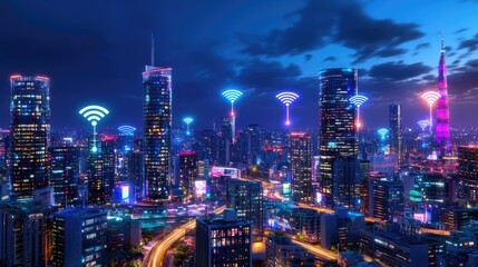 Obraz premium Night Cityscape with Wireless Connectivity and Urban Vibes