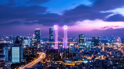 Fototapeta premium Vibrant City Skyline at Dusk with Illuminated Building Numbers 50