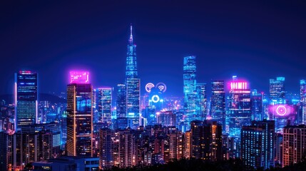 Fototapeta premium Vibrant Night Cityscape with Neon Lights and Skyscrapers at Dusk
