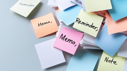 Colorful sticky notes scattered on a desk labeled with memos and reminders, reflecting creative organization.