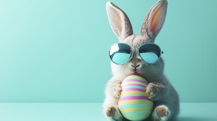 Fototapeta premium cute bunny with blue sunglasses holding colorful egg