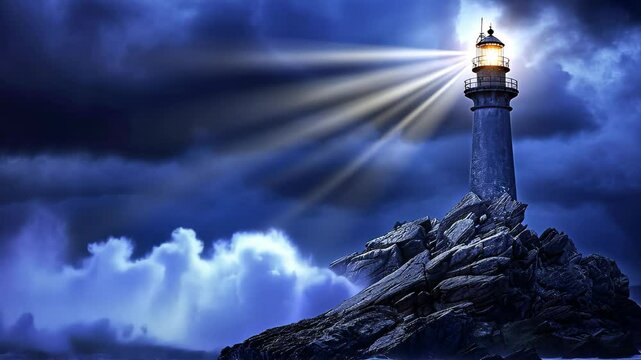 An isolated iron lighthouse stands tall amidst crashing waves, illuminating the dark stormy night with its powerful beam of light