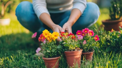 Senior living woman tending to her flowers in the garden. Featuring joy and connection with nature