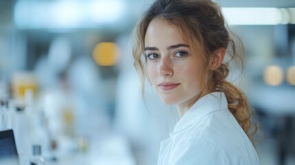 Scientific research event featuring young female scientist in modern laboratory environment