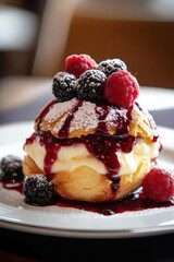 A delightful close-up of a custard-filled cream puff drizzled with rich chocolate sauce, tempting your taste buds.