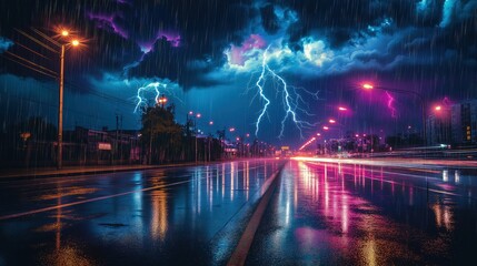 A wet urban road at night, slick with rain, reflecting the neon glow of streetlights and the electric forks of lightning crashing through the heavy storm clouds above. 