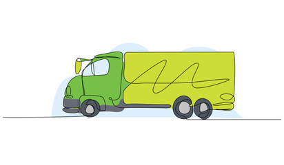 Fototapeta premium Vector illustration of style green delivery truck. Modern flat in continuous line style.