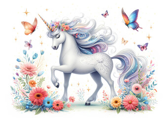 Illustration of a beautiful fairytale unicorn surrounded by colorful butterflies on a flower meadow on white background.