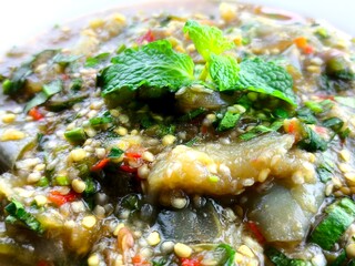 Thai eggplant spicy salad  in  plate,   famous food in northern Thailand.