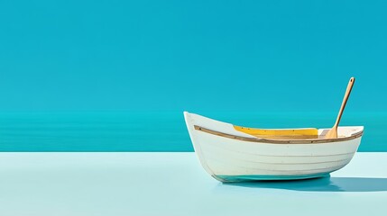 Fototapeta premium Serene Seascape: Weathered Rowboat on Pristine White Surface Facing Vibrant Turquoise Ocean Under a Clear Summer Sky
