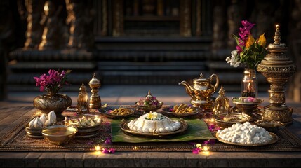 Fototapeta premium Ornate Traditional Indian Feast Spread in Elaborate Setting