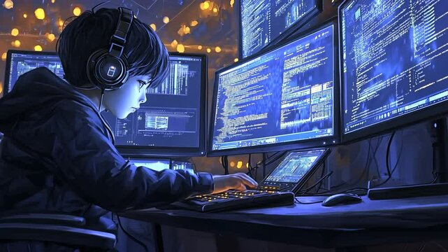 A young person engrossed in coding on multiple monitors in a dark, tech-filled environment.