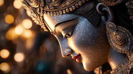 Intricate Close-Up of Decorative Goddess Sculpture with Golden Light