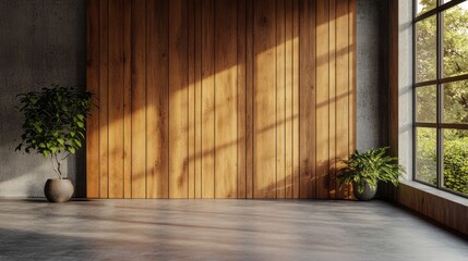Sunlit room with wooden wall window and potted plants