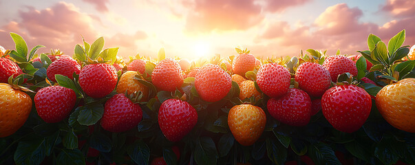 Sundrenched strawberries in vibrant red and golden hues, bursting with juicy freshness.