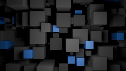 Abstract digital art of floating geometric cubes in black and blue