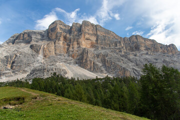 Panoramic view of Sasso di Santa Croce, Sas dla Crusc, La Crusc, Rosskofel, Fanes in Alta Badia Valley , Dolomites , Trentino, Alto Adige, Sudtirol, South Tyrol, Italy