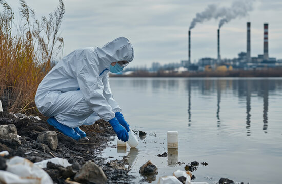 An environmental engineer in protective gear meticulously collects a water sample from a sewage treatment plant for quality testing and analysis. Ensuring Water Safety: Testing and Quality Control	
