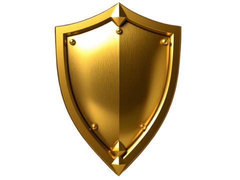 A golden shield, rendered in a 3D style - Powered by Adobe