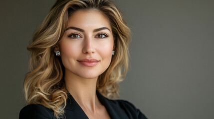 Fototapeta premium A confident woman with wavy hair and a bright smile poses against a neutral backdrop, exuding professionalism and charisma in her appearance