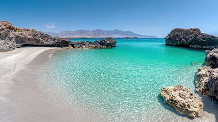 Fototapeta premium Serene Secluded Cove: Pristine Beach, Crystal-Clear Turquoise Water, and Rugged Volcanic Rock Formations under a Vibrant Blue Sky