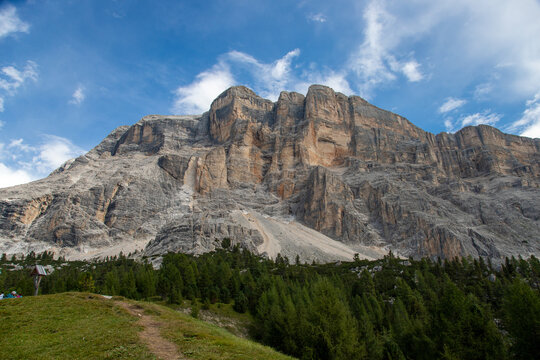 Panoramic view of Sasso di Santa Croce, Sas dla Crusc, La Crusc, Rosskofel, Fanes in Alta Badia Valley , Dolomites , Trentino, Alto Adige, Sudtirol, South Tyrol, Italy