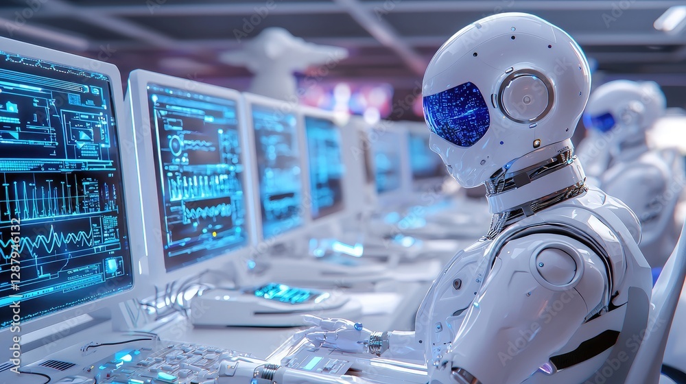 Poster futuristic robot working at computer in modern tech environment