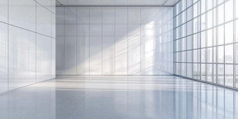Obraz premium Open glass walls define a modern office building's empty interior space