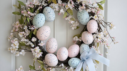 Obraz premium charming Easter wreath with pastel eggs and blossoms decorates door