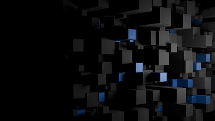 Dark abstract pattern of floating black and blue cubes