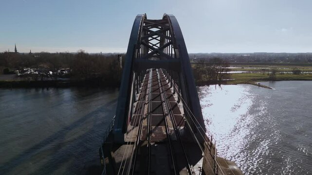 Aerial View the Culemborg Railway Bridge Over the Lek River